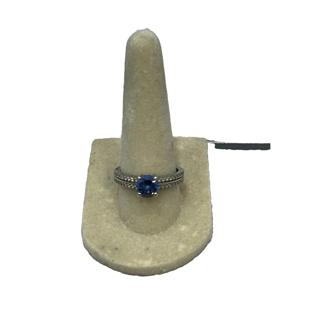 DK 925 Sterling Silver Engagement Blue Sapphire? CZ & Pave Accents Ring Size 8